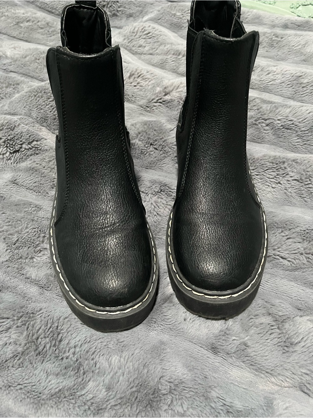 Sincerely Jules Black Chelsea Platform Leather Boots with White Stitching